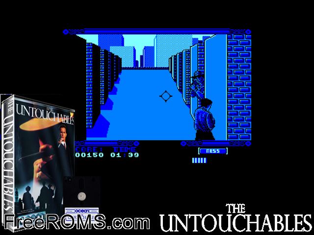 Untouchables, The (UK) (1989) (Disk 1 of 2) [a1] Amstrad CPC game showing 3D box cover and gameplay screenshot